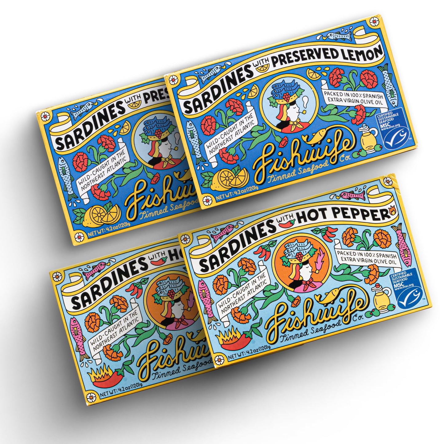 Fishwife Sardine Quad 4-Pack (2x Sardines with Lemon, 2x Sardines with Hot Pepper) | Wild-Caught & Hand-Packed with Spanish Extra Virgin Olive Oil | MSC-Certified Sustainable Seafood, High Protein, Gluten Free, Paleo Friendly, Keto Friendly, Omega-3s
