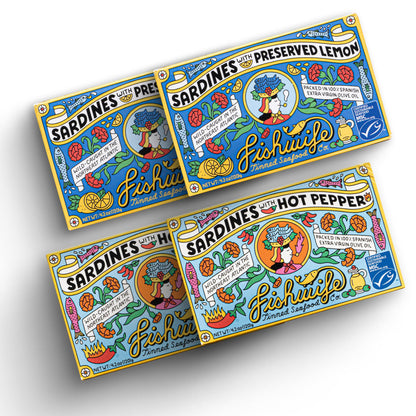 Fishwife Sardine Quad 4-Pack (2x Sardines with Lemon, 2x Sardines with Hot Pepper) | Wild-Caught & Hand-Packed with Spanish Extra Virgin Olive Oil | MSC-Certified Sustainable Seafood, High Protein, Gluten Free, Paleo Friendly, Keto Friendly, Omega-3s