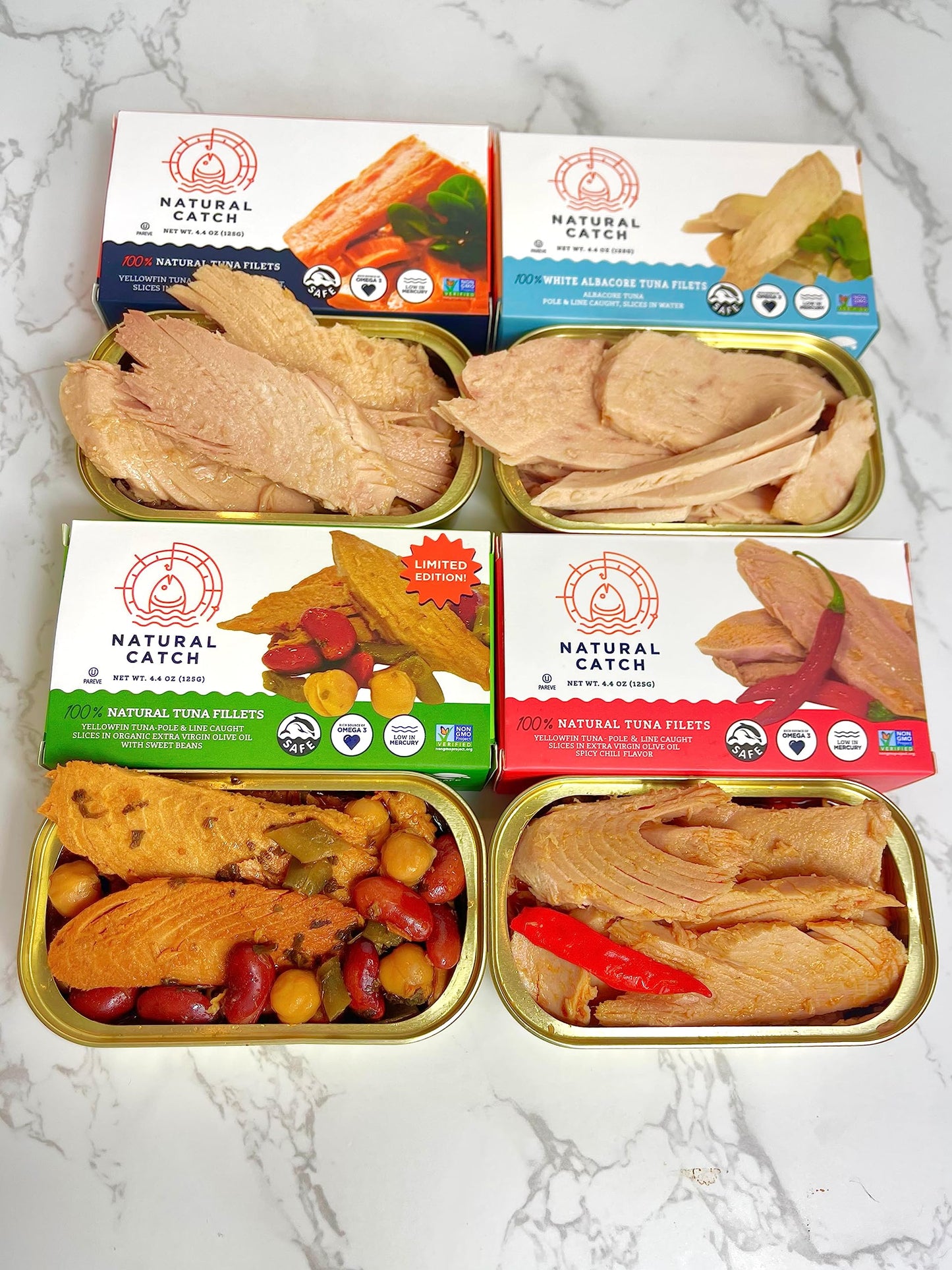 Natural Catch Tuna Sweet Bean Filets, Hand Cut, Pole & Line Caught, 130 Calories Gluten-Free, Paleo, Keto Friendly, Premium Yellowfin Tuna in Extra Virgin Olive Oil (4.4 oz per can- Pack of 12) (Sweet Bean)