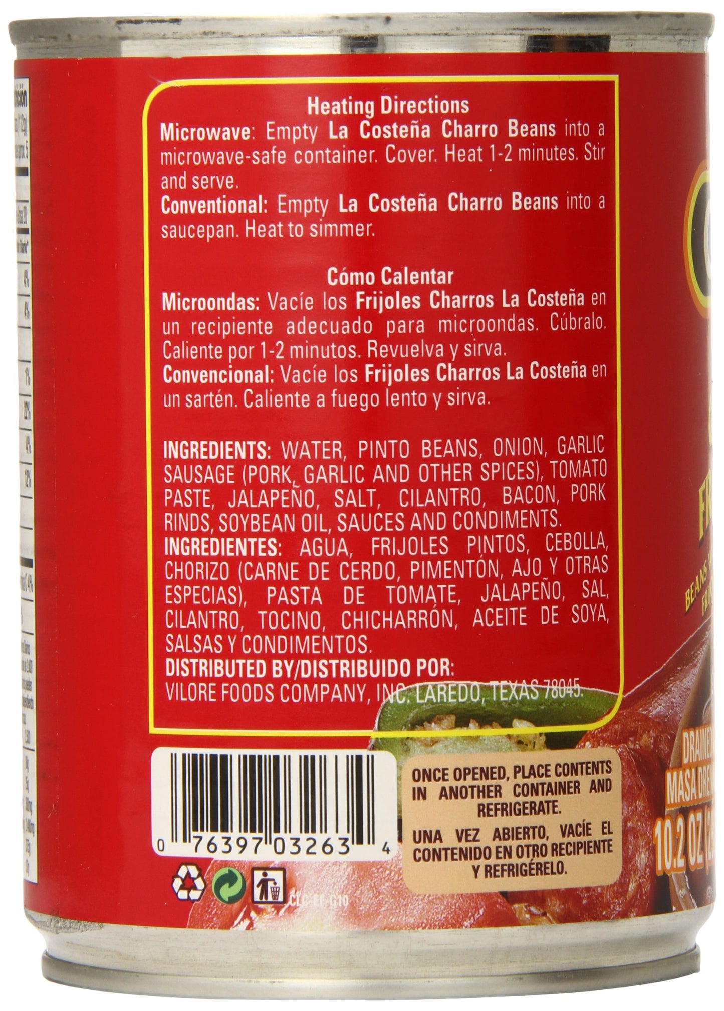 La Costeña Charro Beans - Ready-to-Eat Canned Pinto Beans with Chorizo, Bacon & Chicharrones - Mexican Food, Tex Mex, Chili Ingredients, Bean Dip, Bean Burger & Burrito - 19.75oz, 12 Pack Canned Food
