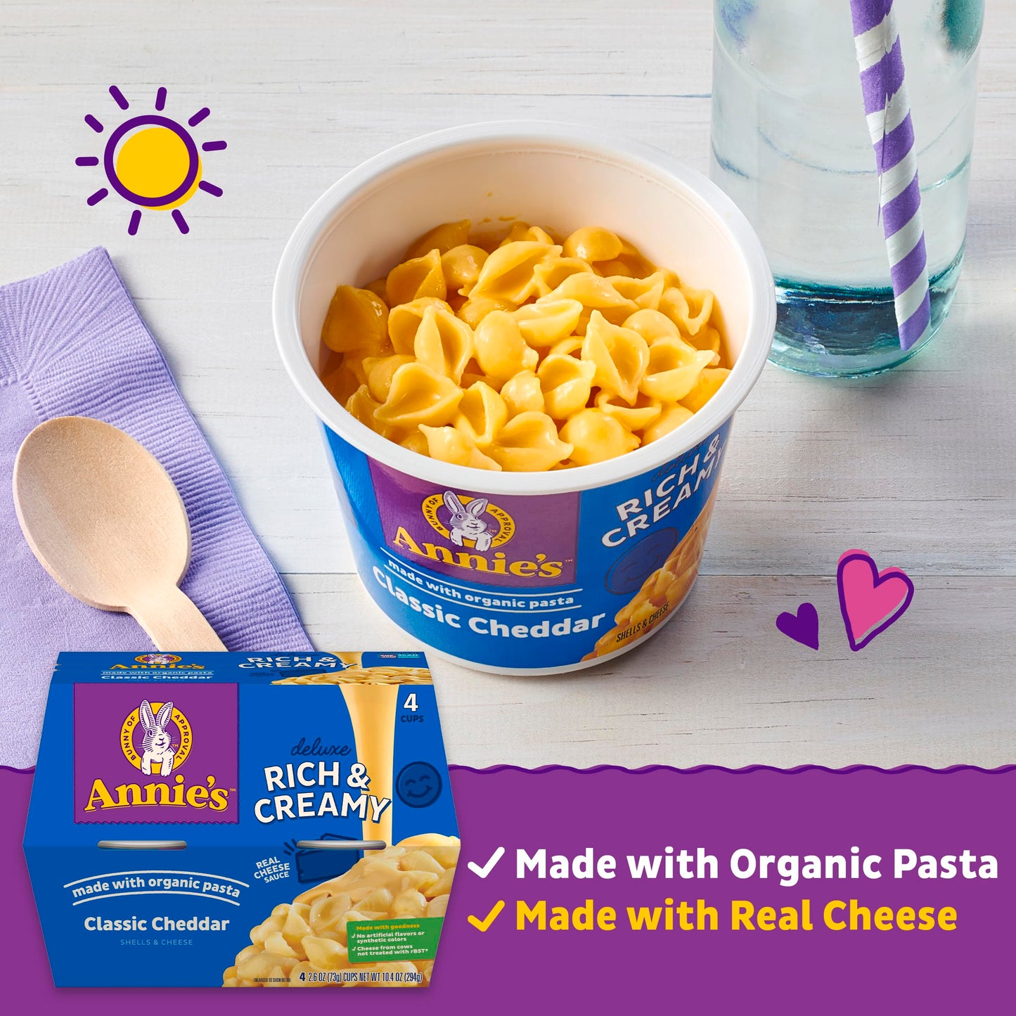 Annie's Classic Cheddar Deluxe Rich and Creamy Mac and Cheese with Organic Pasta, Made with Real Cheese, Dinner Side or Snacks, 4 Cups, 10.4 oz