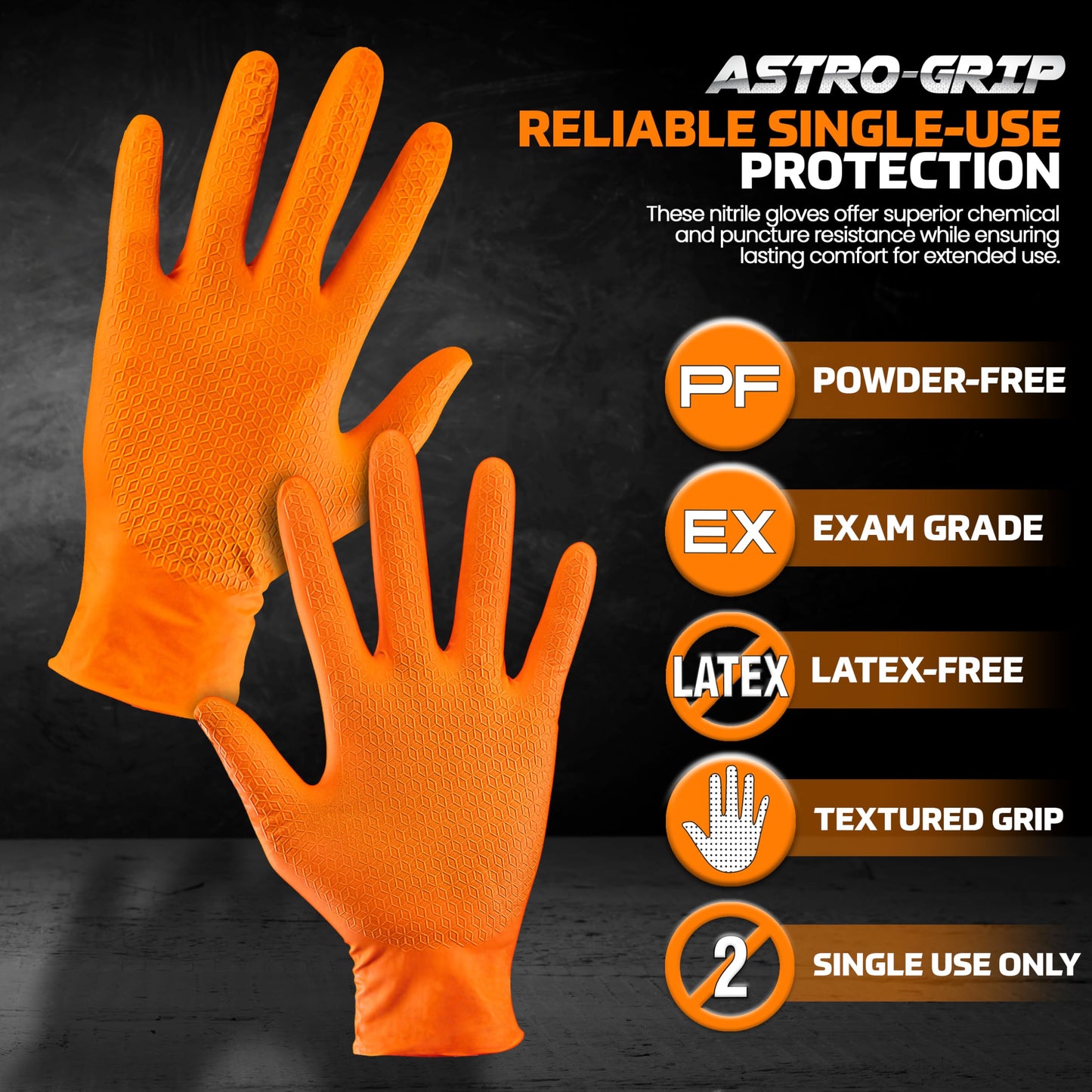 Astro-Grip Powder-Free Exam Grade Nitrile Disposable Gloves. Size X-Large, Orange, 7 mil Thickness. Chemical and Puncture Resistant. Single-Use. Pack of 100. (66474)