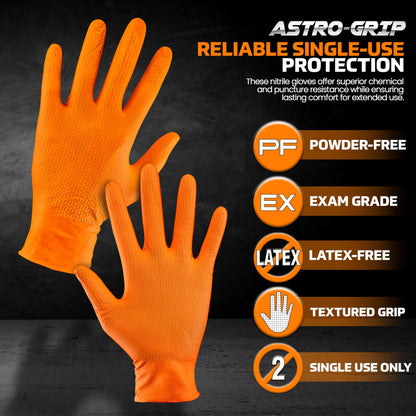 Astro-Grip Powder-Free Exam Grade Nitrile Disposable Gloves. Size X-Large, Orange, 7 mil Thickness. Chemical and Puncture Resistant. Single-Use. Pack of 100. (66474)
