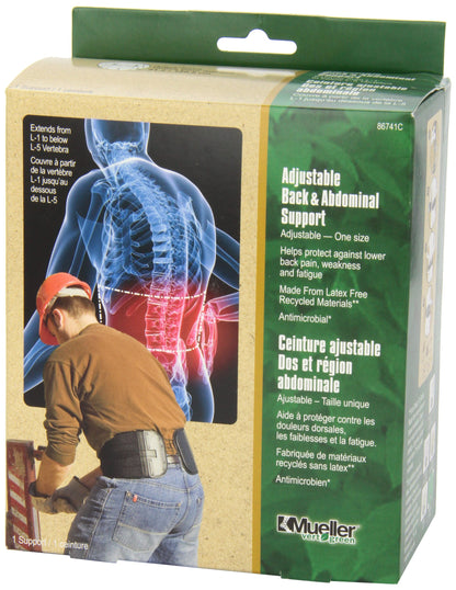 Mueller Sports Medicine Adjustable Back & Abdominal Support, Belt, Back Pain Relief Support for Men and Women, Ideal for Lower Back Pain, Weakness, Fatigue, Black, One Size