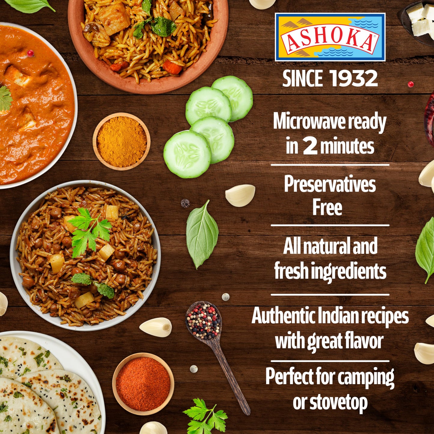 Ashoka Heat & Eat Rice 1932, Vegan Biryani Rice, All-Natural Instant Meals, Bombay Biryani, Kosher Certified Portable Lunch, Made from Aged Basmati Rice, Gluten-Free, No Preservatives, Pack of 5