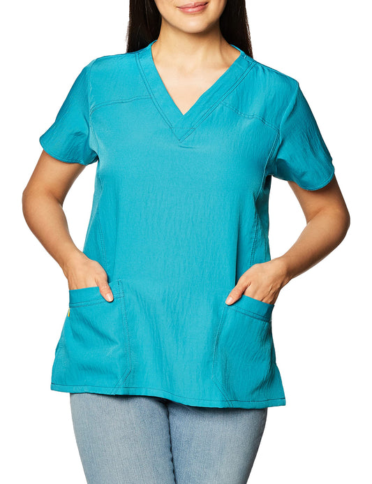WonderWink Women's Scrubs Four Way Stretch Sporty V-Neck Top, Real Teal, Small