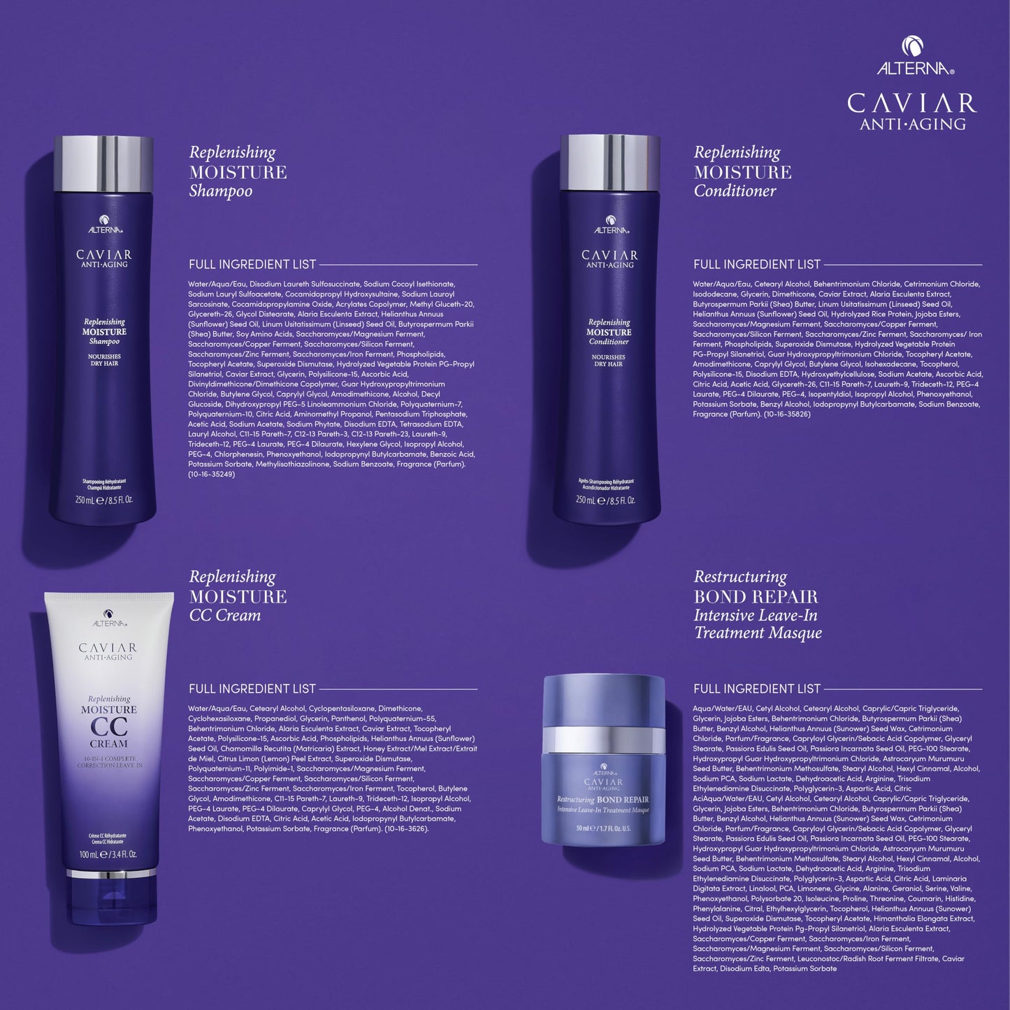 Alterna Haircare CAVIAR Anti-Aging Replenishing Moisture Trial Kit - Shampoo, Conditioner, Leave-In CC Cream | For Dry, Brittle Hair | Protects, Restores and Hydrates | Sulfate Free