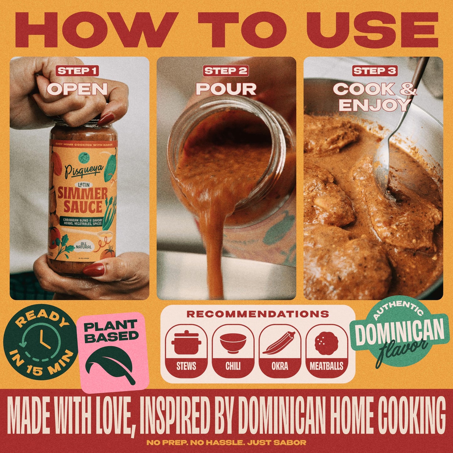 PISQUEYA Latin Simmer Sauce - All Natural Caribbean Blend, Plant Based, Dairy Free, No Sugar Added, Aji Gustoso Pepper, Dominican Oregano, Tomato, Stew Base, 12.5oz