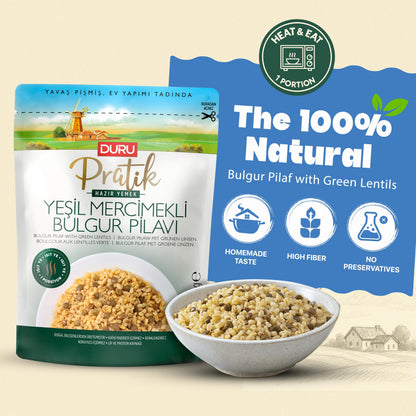 Duru Ready Bulgur Pilaf with Green Lentils, 250g x 4 Pack – Heat & Eat, 100% Natural, Non-GMO, BPA Free, No Trans Fat, No Preservatives