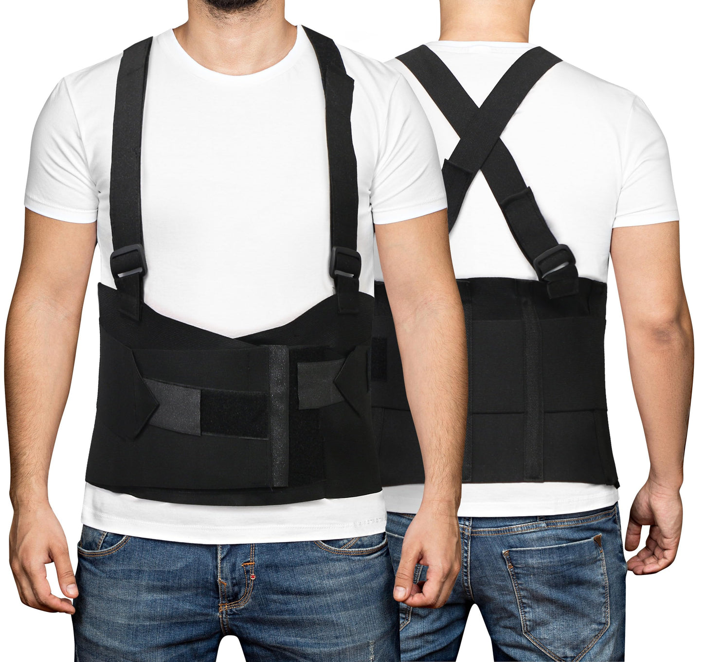 DMI Deluxe Work Belt Back Support Brace Lumbar Support with Adjustable, Removable Shoulder Straps, Fits 28-40, Black