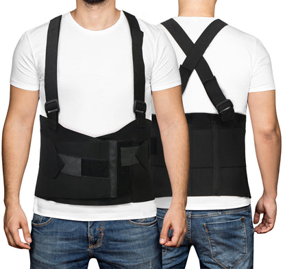 DMI Deluxe Work Belt Back Support Brace Lumbar Support with Adjustable, Removable Shoulder Straps, Fits 28-40, Black