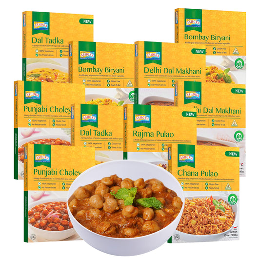 Ashoka Meals 1932, Plant-Based Meal Kit, Beans 'n Rice Variety Pack, Heat & Serve Meals, Kosher Certified, All-Natural Indian Food, Microwave Friendly, Gluten-Free, No Preservatives, Pack of 10