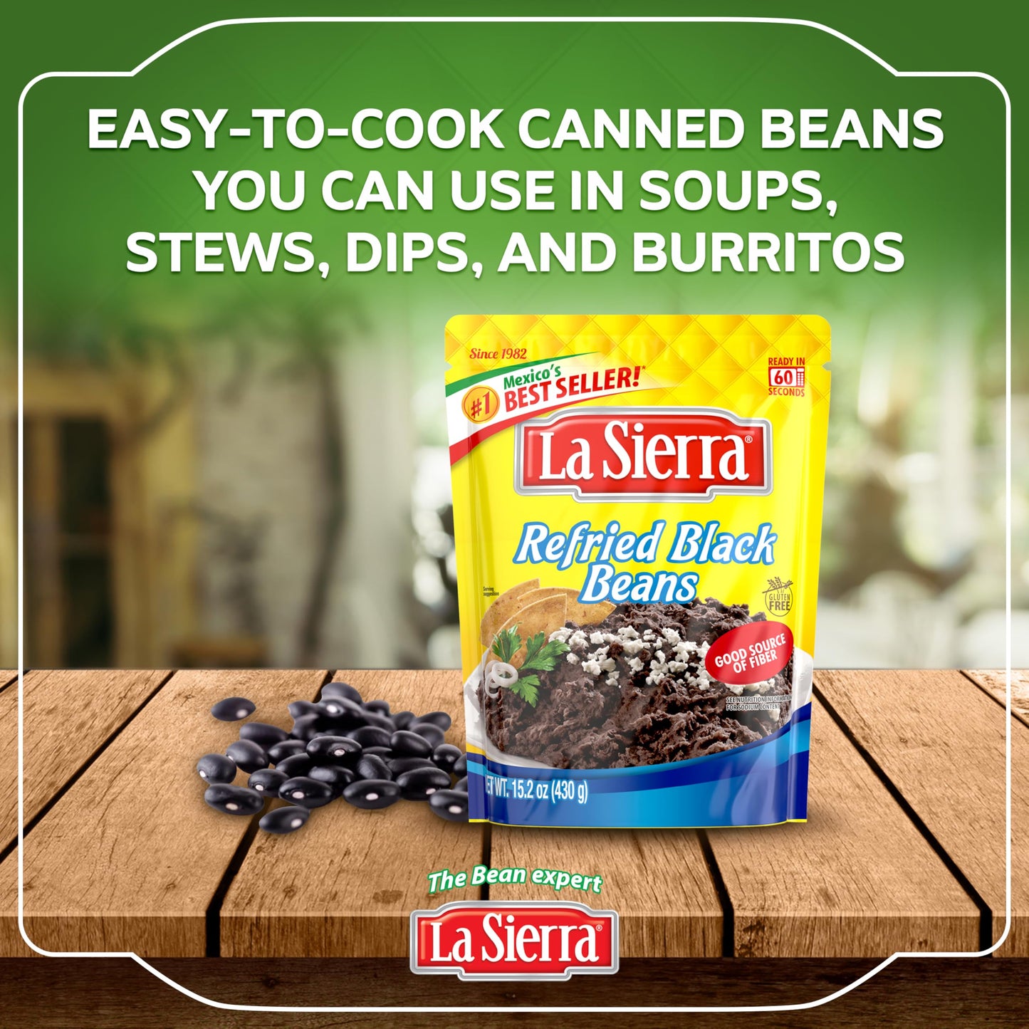 La Sierra Refried Black Beans, Ready-to-Eat Vegetarian Refried Beans, 15.2 oz Pouch (Pack of 8)