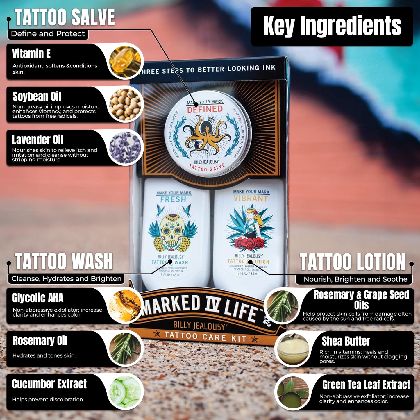 Billy Jealousy Marked IV Complete Tattoo Care Kit, Make Your Mark Defined, Fresh and Vibrant, Includes Aftercare Ink Salve, Brightening Soap and Moisturizing Tattoo Lotion