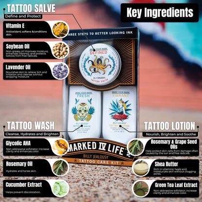 Billy Jealousy Marked IV Complete Tattoo Care Kit, Make Your Mark Defined, Fresh and Vibrant, Includes Aftercare Ink Salve, Brightening Soap and Moisturizing Tattoo Lotion