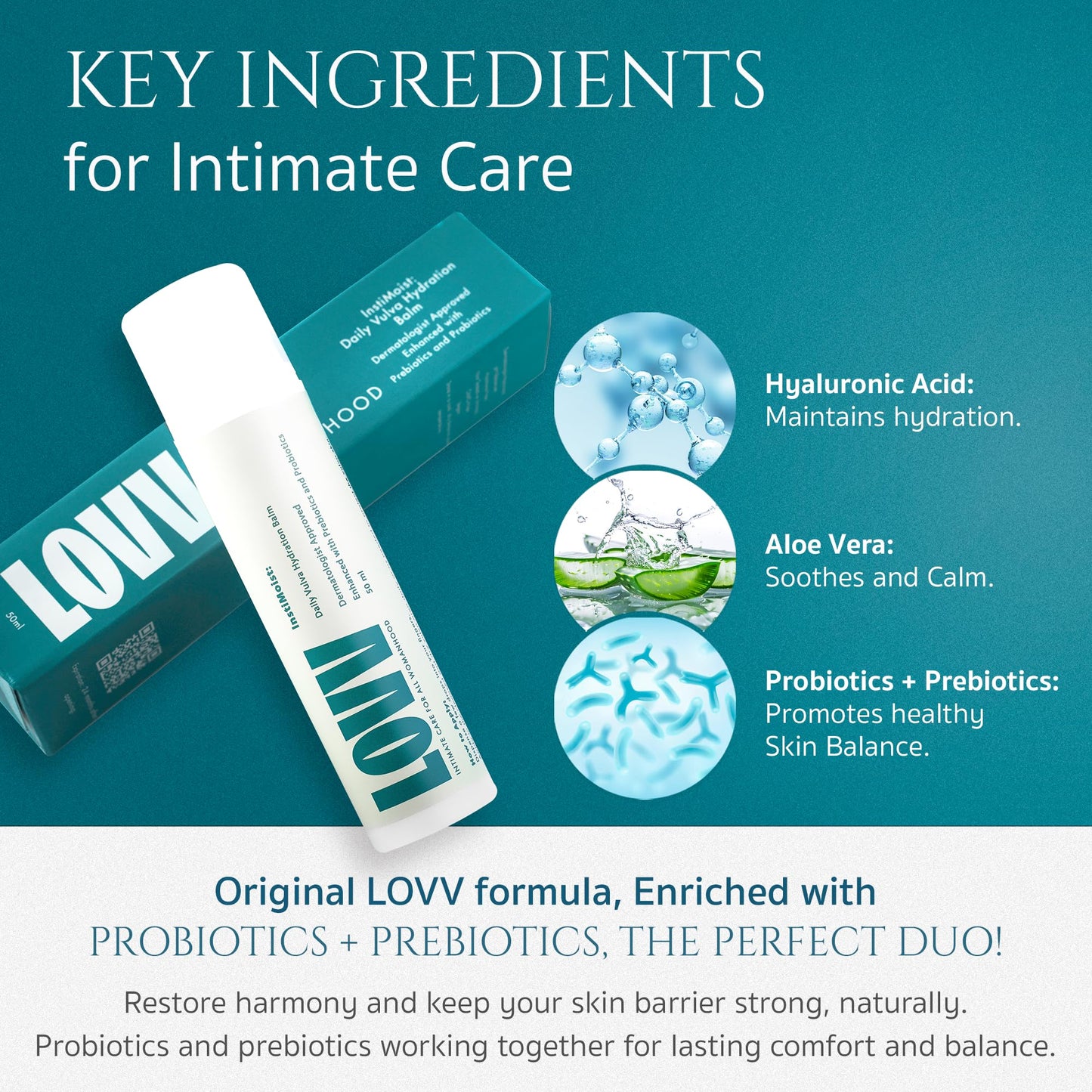LOVV Instimoist Vulva |2 Oz| Moisturizer Lotion Fast Absorbing with Hyaluronic Acid Prebiotics and Probiotics for Daily Feminine Care Soothes Dryness and Restores Balance to Sensitive Intimate Skin