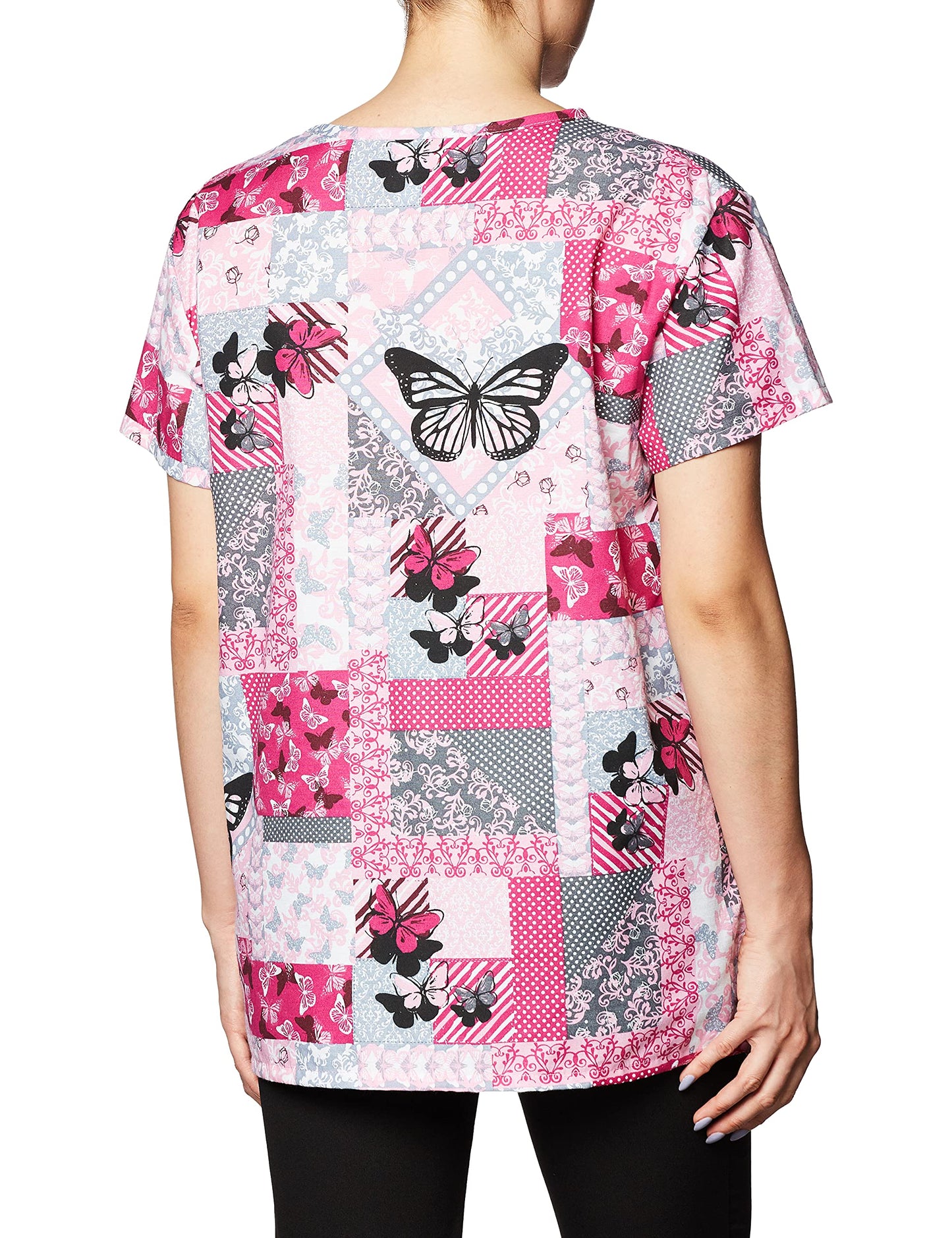 24|7 Comfort Scrubs Butterfly Patches V Neck Scrub Top Shirt