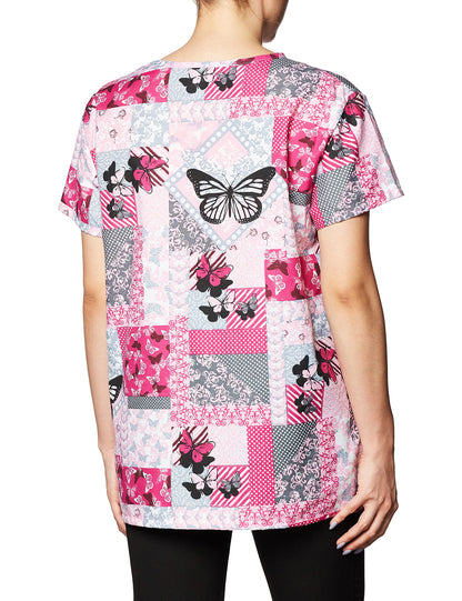 24|7 Comfort Scrubs Butterfly Patches V Neck Scrub Top Shirt