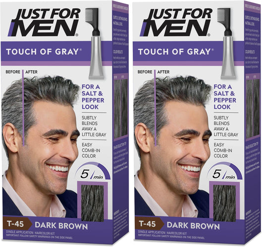 Just For Men Touch of Gray, Mens Hair Color Kit with Comb Applicator for Easy Application, Great for a Salt and Pepper Look - Dark Brown, T-45, Pack of 2