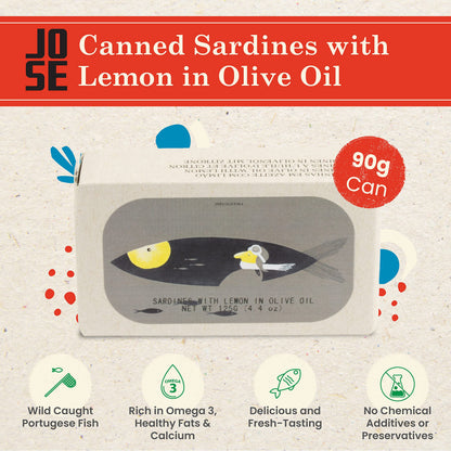 Canned Sardines with Lemon and Olive Oil by Jose Gourmet, Wild Caught Portuguese Sardines, Canned Fish in Olive Oil, Omega 3, Fair Trade, 125g Can, Pack of 3