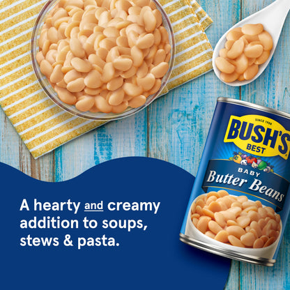 BUSH'S BEST 16 oz Canned Baby Butter Beans, Source of Plant Based Protein and Fiber, Low Fat, Gluten Free, (Pack of 12)
