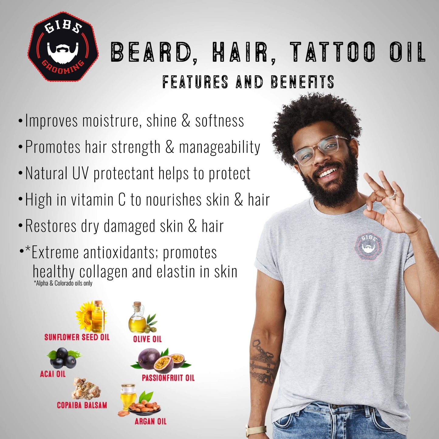 GIBS Grooming - Beard, Hair & Tattoo Oil (1 fl oz) Collectible Glass Bottle - Softens & Strengthens - Skin Moisturizer - Vitamin C - UV Shield - Travel Size - Beard Oil - Made in USA