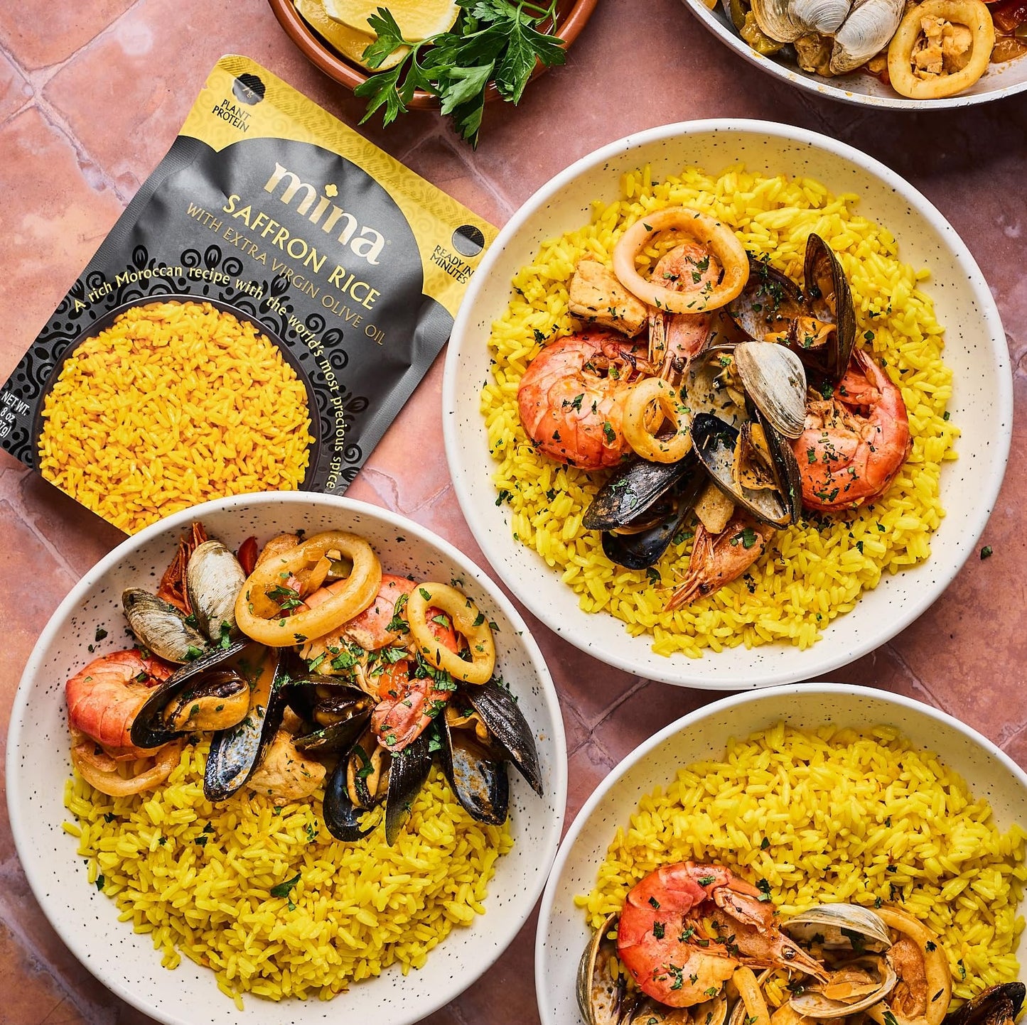 Mina Saffron Rice, Yellow Rice, With Extra Virgin Olive Oil, Ready to Eat Rice Pilaf, Side Dishes, Microwave Rice, Vegan Protein, Non-GMO, Gluten-Free, Kosher, 8 oz (Pack of 6)