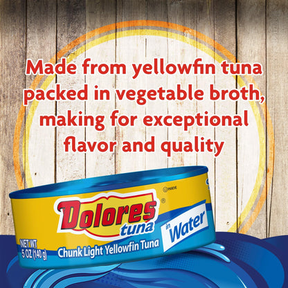 Dolores Tuna Chunk Light Yellowfin Tuna in Water, 5 oz Can (Pack of 24) – Mild Flavor, Flaky Texture, Ready-to-Eat Protein