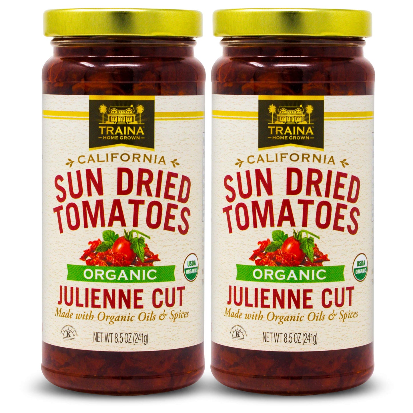Traina Home Grown California Organic Sun Dried Tomatoes in Oil – Julienne Cut, Marinated with Italian Herbs & Olive Oil – California Grown – 2 Jars (8.5 oz Each)