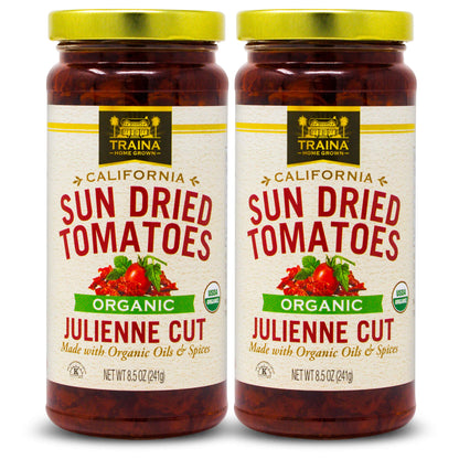 Traina Home Grown California Organic Sun Dried Tomatoes in Oil – Julienne Cut, Marinated with Italian Herbs & Olive Oil – California Grown – 2 Jars (8.5 oz Each)