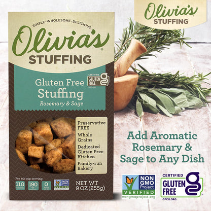 Olivia's Croutons Gluten Free Stuffing Mix - Rosemary & Sage Herb Seasoned Dressing - Vegetarian, Preservative Free, 9 Ounce (Pack of 2)