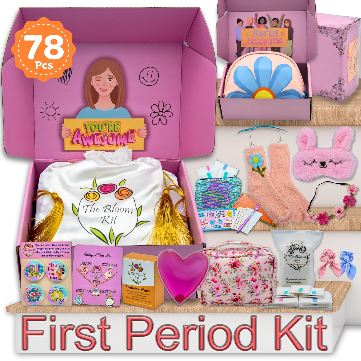 The Bloom First Period Kit for Girls 9-12 - 78 PC Period Starter Kit for Tweens- School Emergency Kit for Teen Girls with Cute Little Bag - First Period Gifts for Girls - First Period Gift Box