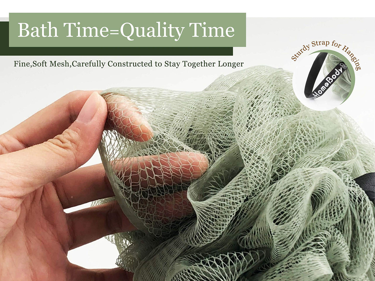 myHomeBody Large 70g Loofah Sponge, Body Scrubber, Bath Sponge, Loofah for Women, Men, Exfoliating Sponge Shower Pouf with Activated Charcoal - 3 Pack, 2 Sage Green + 1 Graphite Gray