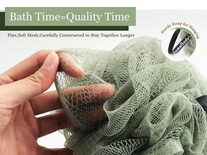 myHomeBody Large 70g Loofah Sponge, Body Scrubber, Bath Sponge, Loofah for Women, Men, Exfoliating Sponge Shower Pouf with Activated Charcoal - 3 Pack, 2 Sage Green + 1 Graphite Gray