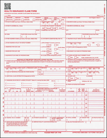 Tabbies Health Insurance Claim Forms, Approved by National Uniform Claim Committee (NUCC), HCFA/CMS 1500, 8-1/2" x 11", 500 Sheets/Pack