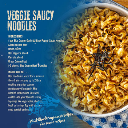 Blue Dragon Garlic & Black Pepper Saucy Noodles - 4.25oz (Pack of 6) - Knife Cut Air Dried Noodles w/Garlic & Black Pepper Sauce & Spring Onion Garnish - Quick & Easy Meal with Bold Asian Flavors