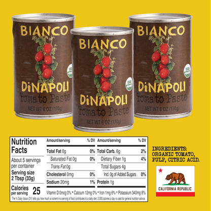 Bianco DiNapoli Organic Tomato Paste, 6 Oz (Pack of 12), Vine Ripened California Grown Tomatoes, Canned Tomato Paste for Soups, Sauces, Pasta and More