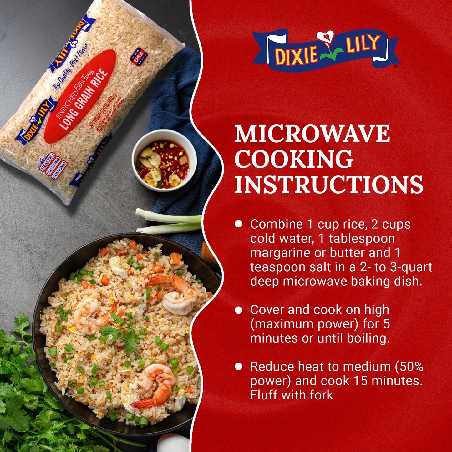 Dixie Lily Long Grain Extra Fancy White Rice - Enriched with Iron, Niacin, Thiamine, Folate, Fluffy & Tender - Stovetop & Microwave Cooking - 3 Pack