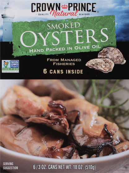 Crown Prince Natural Smoked Oysters Hand Packed in Olive Oil, 3 Ounce Cans (Pack of 6)