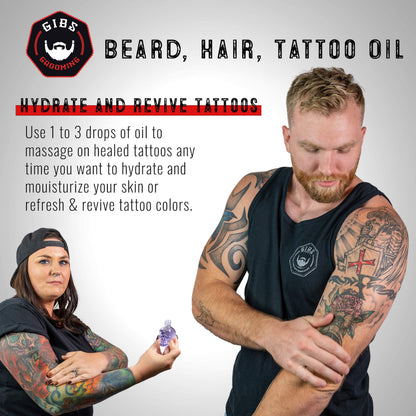 GIBS Grooming - Beard, Hair & Tattoo Oil (1 fl oz) Collectible Glass Bottle - Softens & Strengthens - Skin Moisturizer - Vitamin C - UV Shield - Travel Size - Beard Oil - Made in USA