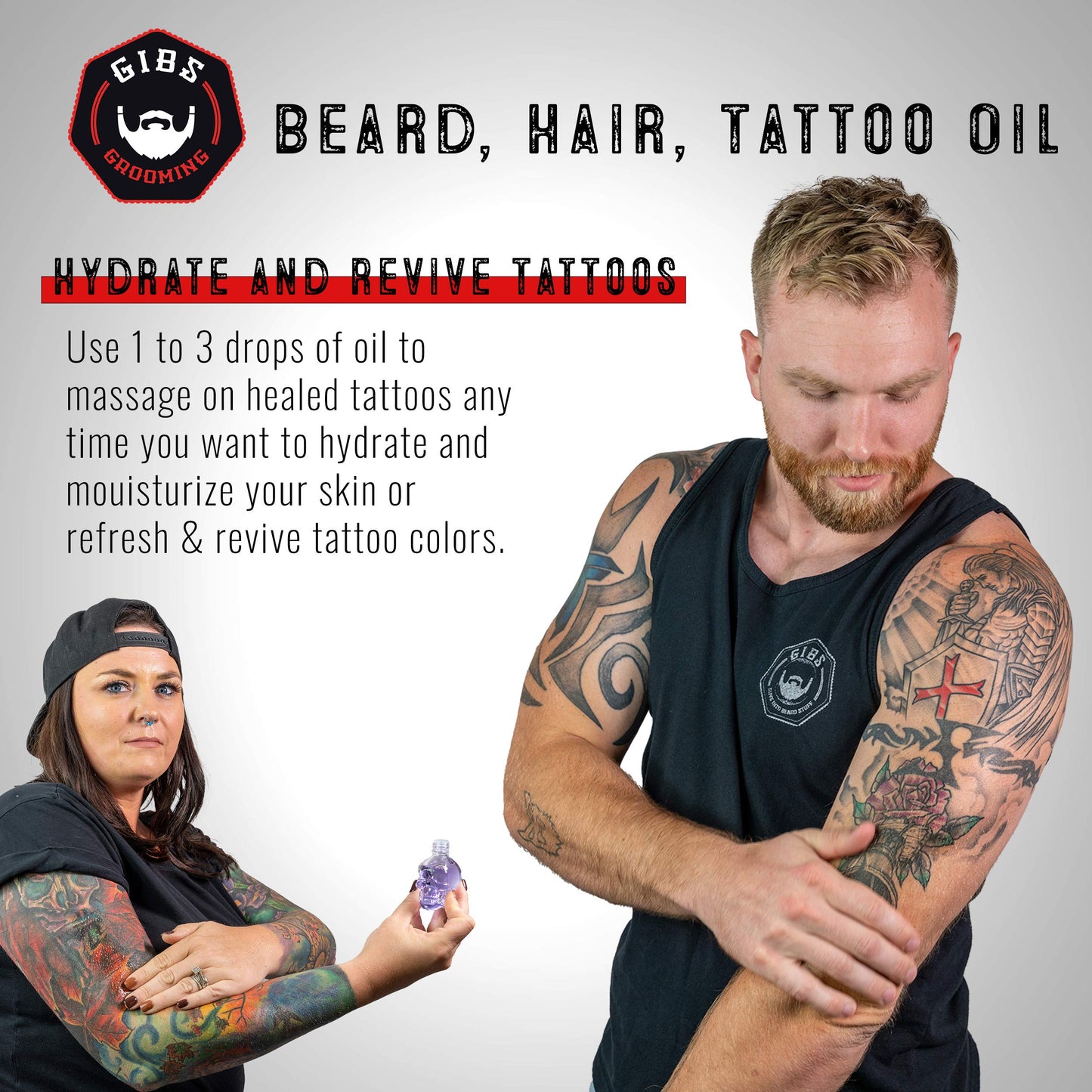 GIBS Grooming - Beard, Hair & Tattoo Oil (1 fl oz) Collectible Glass Bottle - Softens & Strengthens - Skin Moisturizer - Vitamin C - UV Shield - Travel Size - Beard Oil - Made in USA