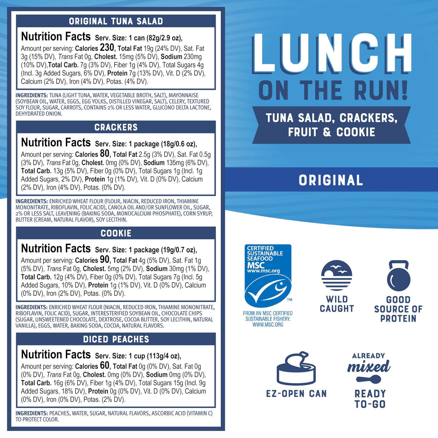 Bumble Bee Lunch On The Run Tuna Salad with Crackers Kit, 8.2 oz (Pack of 4) - Ready to Eat, Includes Crackers, Cookie & Peaches - Wild Caught Tuna - Shelf Stable & Convenient Source of Protein, Easy Open Can
