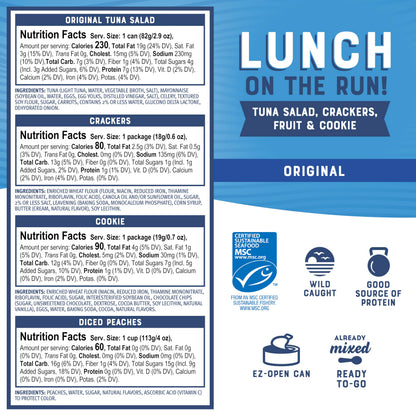 Bumble Bee Lunch On The Run Tuna Salad with Crackers Kit, 8.2 oz (Pack of 4) - Ready to Eat, Includes Crackers, Cookie & Peaches - Wild Caught Tuna - Shelf Stable & Convenient Source of Protein, Easy Open Can
