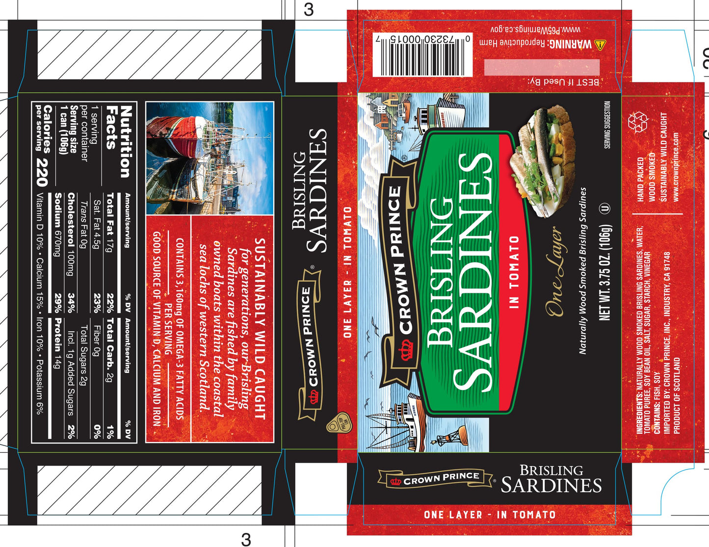 Crown Prince One Layer Brisling Sardines in Tomato, 3.75-Ounce Cans (Pack of 12)