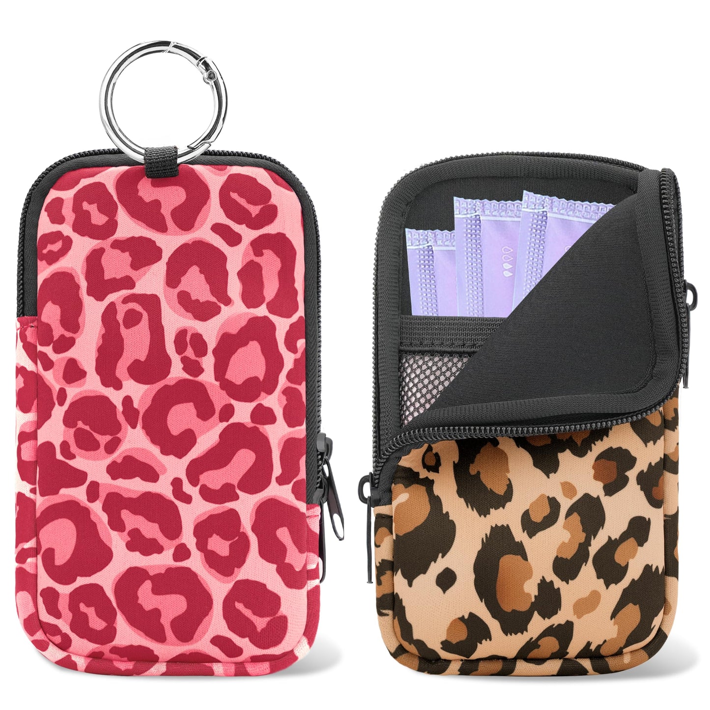 2 Pack Portable Tampon Holder Zippered Pouch with Snap Hook, Waterproof Travel-Friendly Discreet Period Bag, Feminine Products Organizer for Women Purse (Leopard)