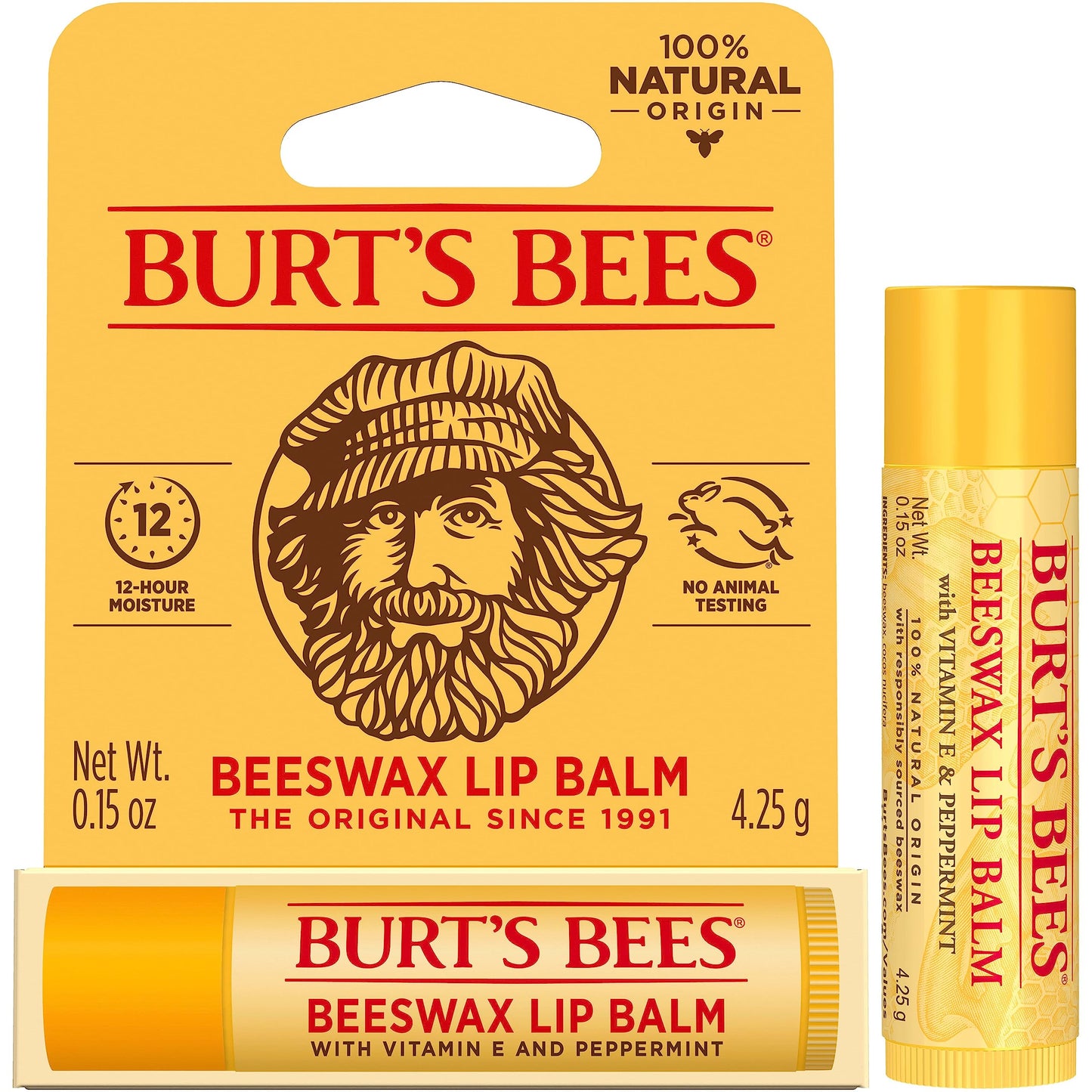 Burt's Bees 100% Natural Moisturizing Lip Balm, Original Beeswax with Vitamin E & Peppermint Oil, 0.15 Oz