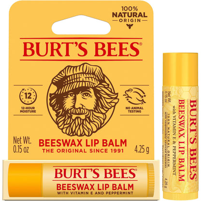 Burt's Bees 100% Natural Moisturizing Lip Balm, Original Beeswax with Vitamin E & Peppermint Oil, 0.15 Oz