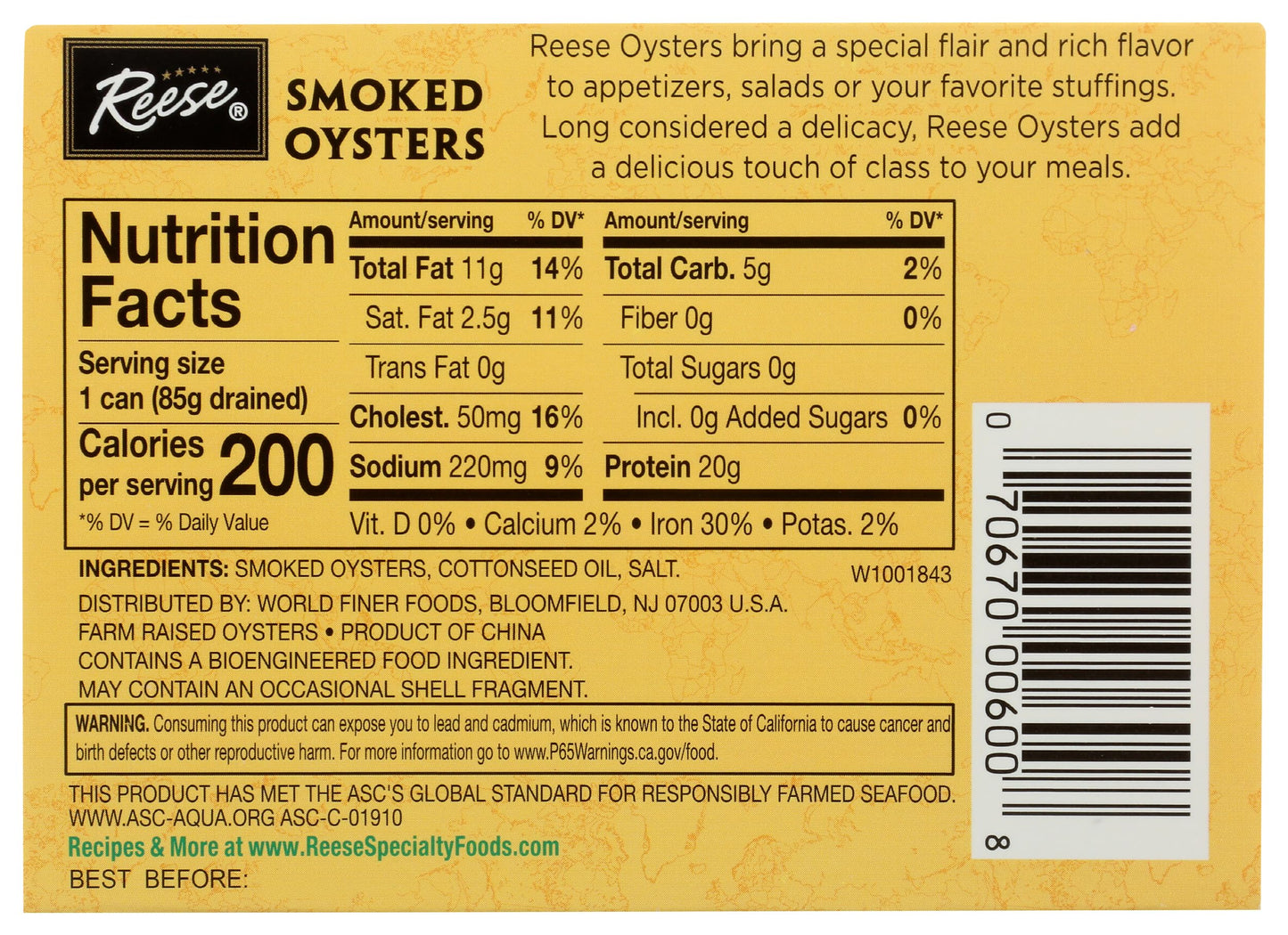 Reese Medium Smoked Oysters, 3.7-Ounce, 10-Count Cans