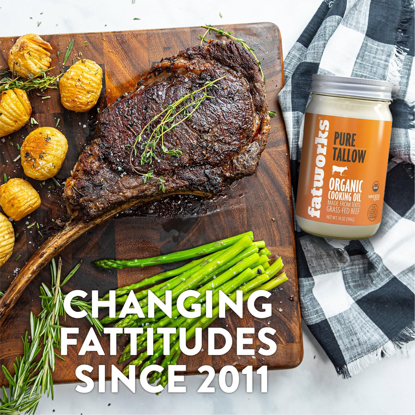 Fatworks Organic Grass-Fed Beef Tallow, Certified Organic Non-Gmo Pasture-Raised Beef Tallow, sourced from several small family ranchers, KETO friendly, exclusive to Fatworks, 14 oz.
