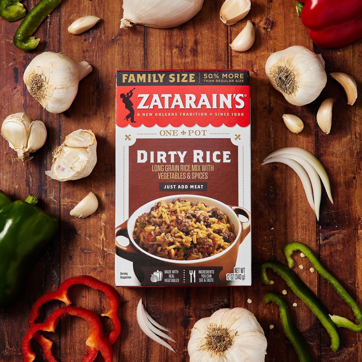 Zatarain's Rice Mix, Dirty Rice, Family Size, Gluten Free, No MSG Added, Long Grain White Rice, Onions and Bell Peppers with Cajun Seasonings, Made with Real Vegetables, 12 oz